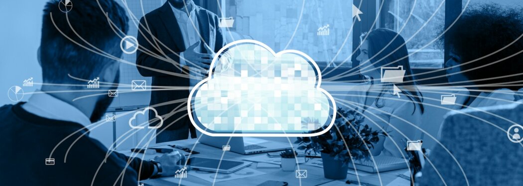 a group of people sitting around a table with a cloud above them