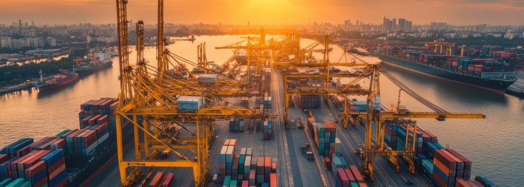 ai generated, cargo, port, containers, cargo port, shipping, container shipping, nature, shipping industry, transport, freight, logistics, aerial view, industry, freight transport, sunset