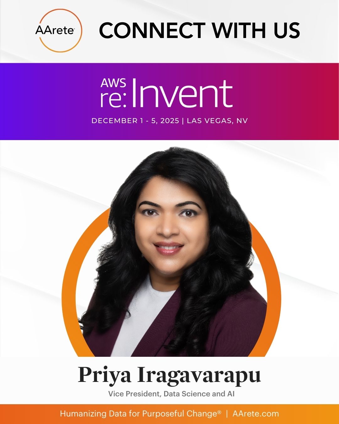 Poster image of Priya Iragavarapu for a speaking engagement with AWS re:Invent
