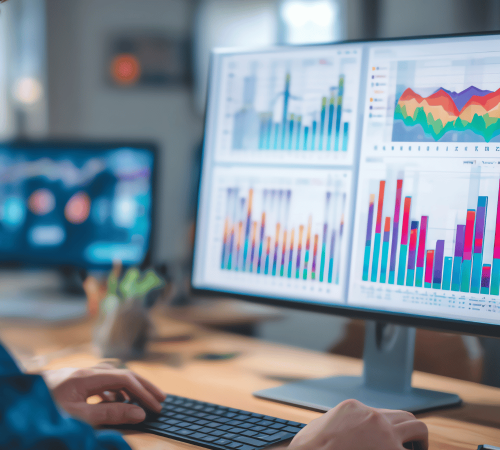 a computer showing a dashboard of various bar charts