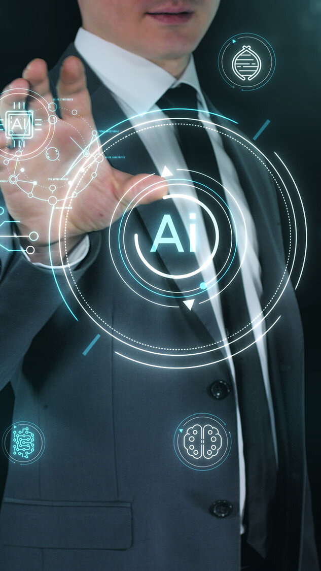 Businessperson in a suit touching a glowing holographic AI interface with circuit lines and icons.