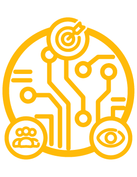 Circular orange circuit emblem featuring a central bullseye target, interconnected traces, and small icons resembling an eye and circular symbols.