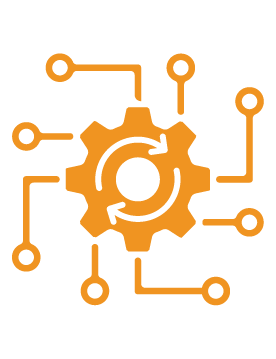 Orange gear with circular arrows at the center, surrounded by circuit-like lines, symbolizing automation and system integration.