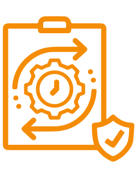 Icon of a clipboard with a gear, clock, and circular arrows indicating a secure software update, accompanied by a shield with a checkmark.