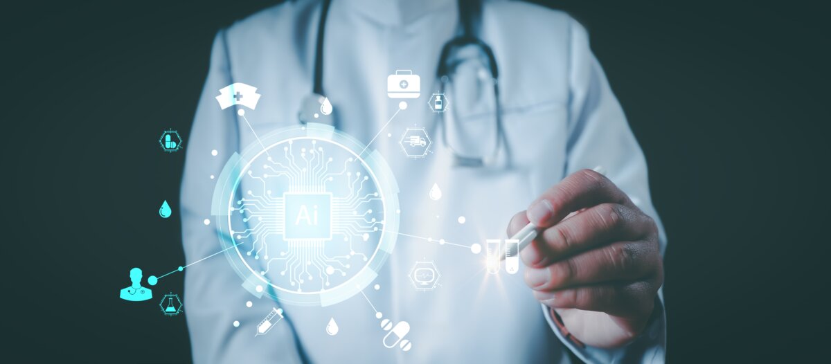 MedicalWorkerUsingStethoscopeOnVirtuaMedicalAiTechnologyServices - AArete Doctor pointing at digital dashboard