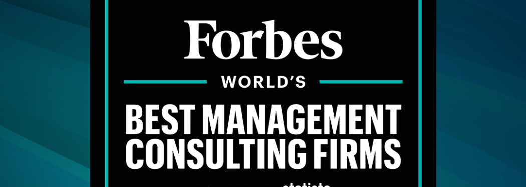 Award badge announcing Forbes World's Best Management Consulting Firms 2026, powered by Statista, on a teal-framed black square against a blue gradient background