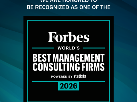 Award badge announcing Forbes World's Best Management Consulting Firms 2026, powered by Statista, on a teal-framed black square against a blue gradient background