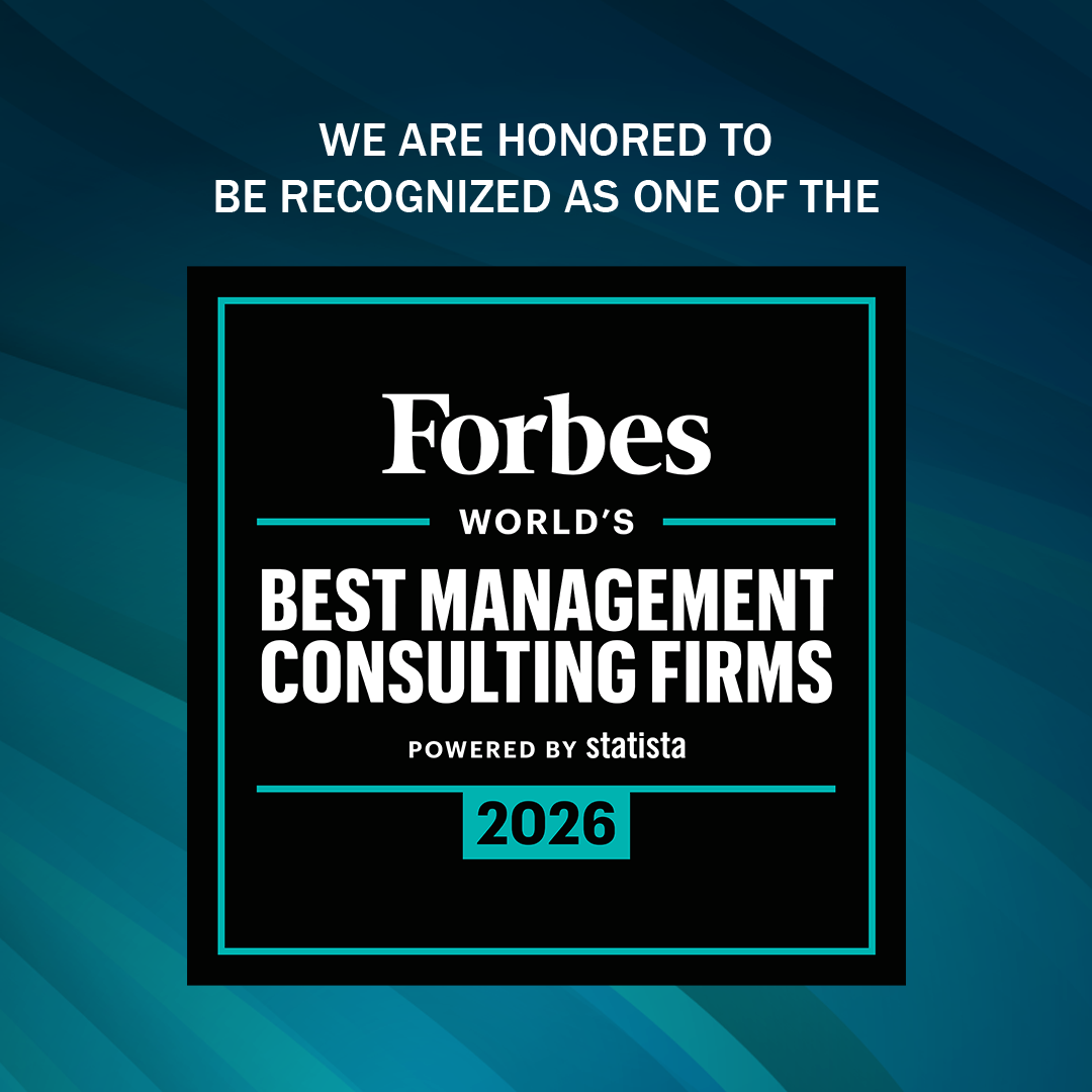 Award badge announcing Forbes World's Best Management Consulting Firms 2026, powered by Statista, on a teal-framed black square against a blue gradient background