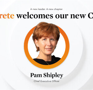 Announcement banner: AArete welcomes our new CEO Pam Shipley, Chief Executive Officer (CEO). Center image shows Pam Shipley inside an orange ring.