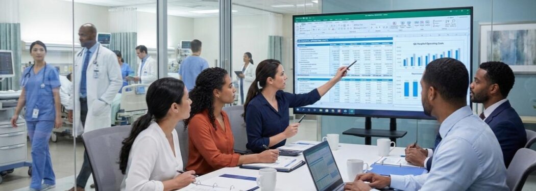 Diverse medical team around a conference table analyzing a data dashboard on a large screen, with nurses in the background.