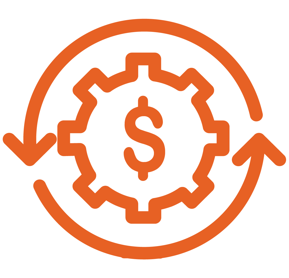 SAVING IMPACTS4x - AArete Orange gear with a dollar sign at the center, encircled by curved arrows signifying cost optimization and automation